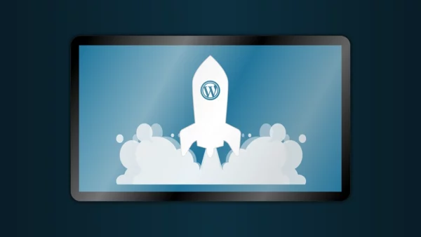 A tablet shows a rocket taking off, with the WordPress logo on the rocket.
