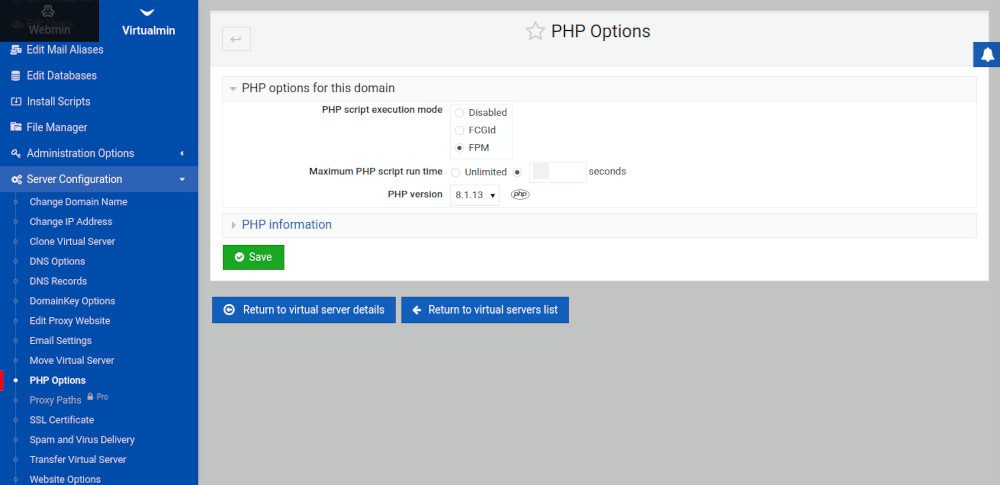 Virtualmin Change PHP 7.4 to PHP 8.1